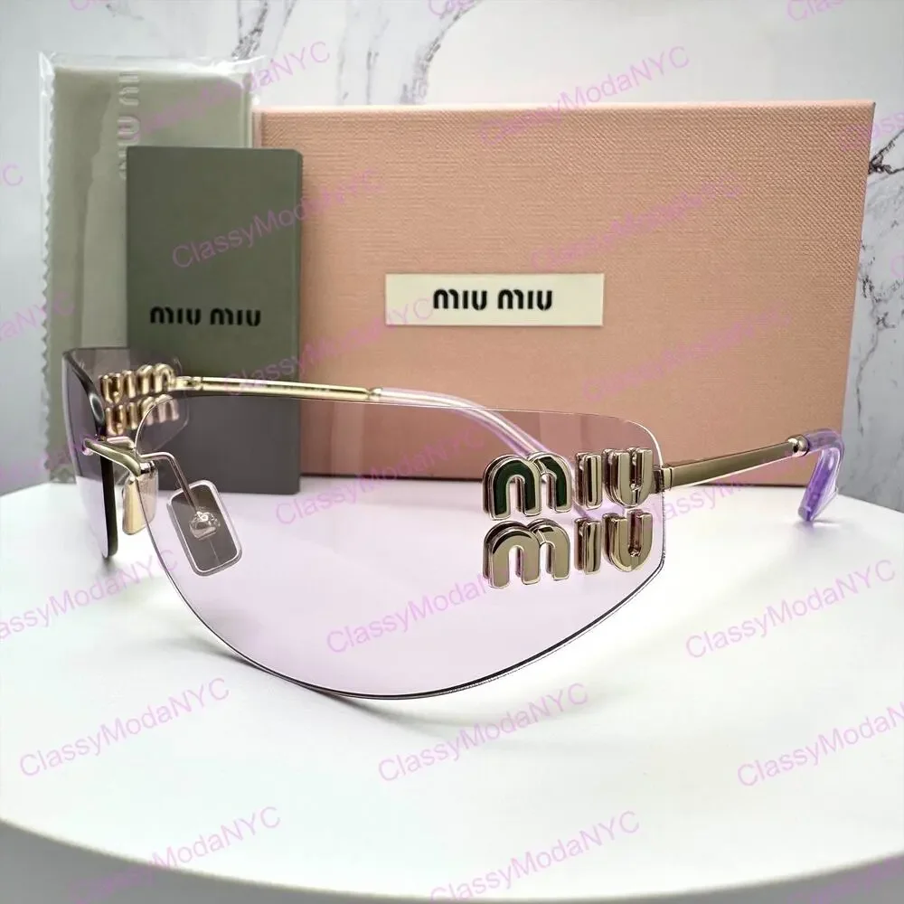 New MIU MIU Sunglasses Pale Gold Pink Lens Wrap Rimless AUTHENTIC Runway 2025